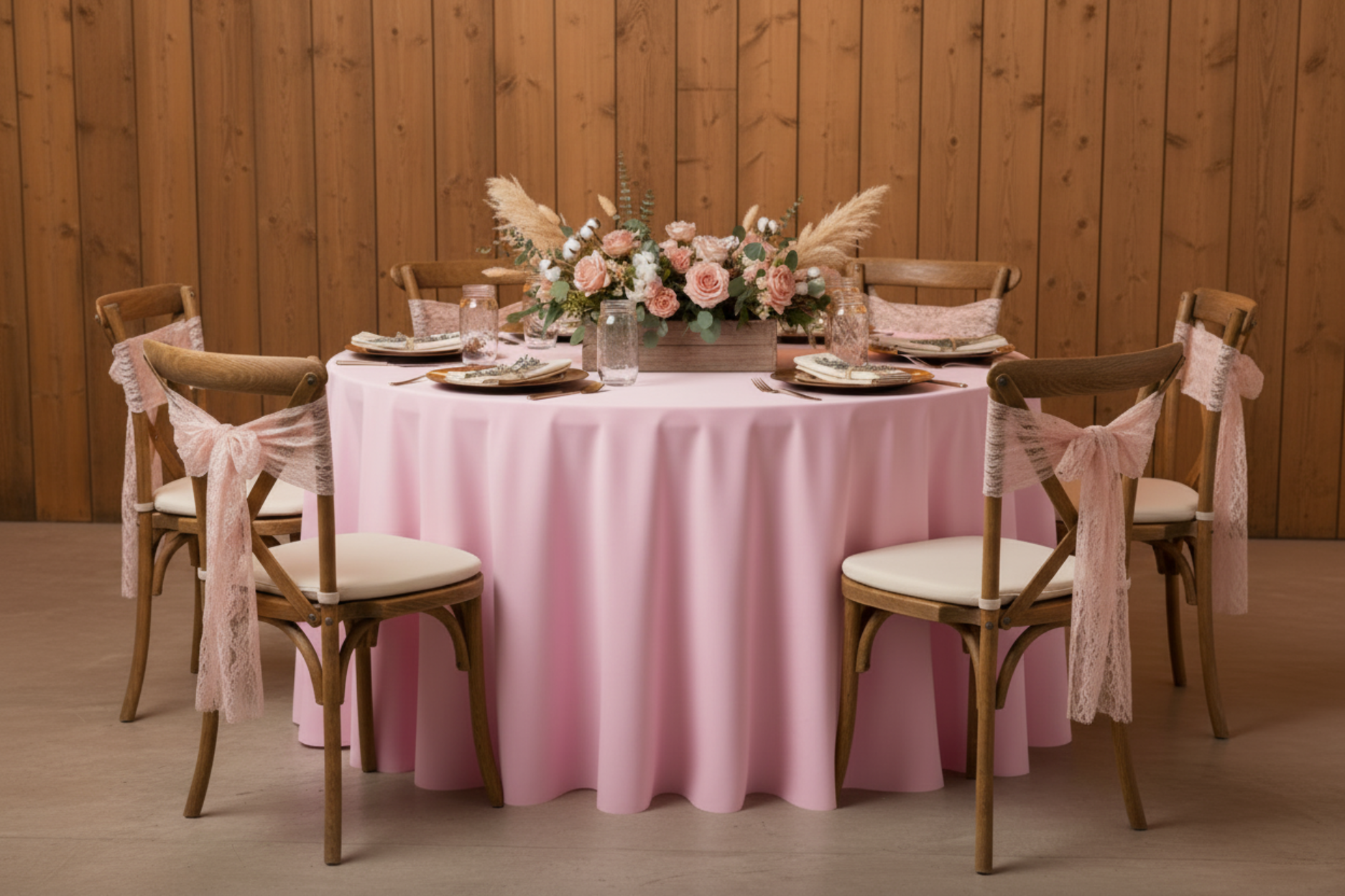 outdoor barn setup with Economy Polyester Tablecloth 120" Round - Pink
