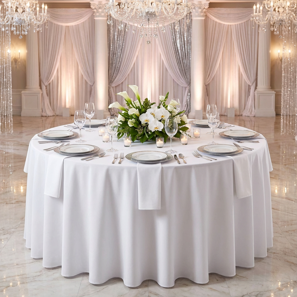 front view lifestyle wedding reception with Economy Polyester Tablecloth 120" Round - White