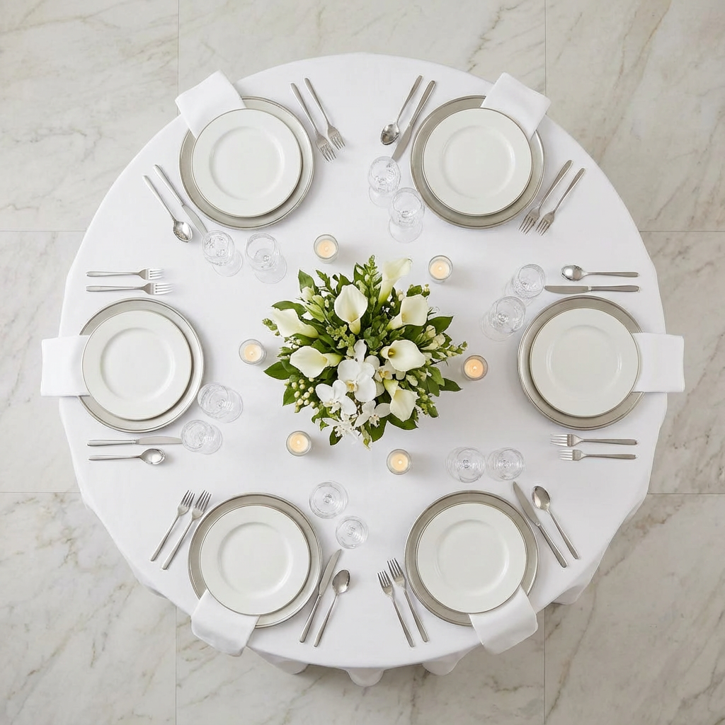 White Economy Polyester Tablecloth Round Size: 132 in | Wedding | Event | Wholesale by CV Linens