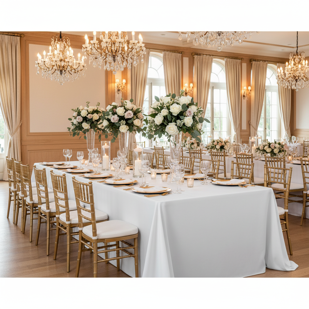 wedding banquet table setting with Economy Polyester Tablecloth 90"x156" Oblong Rectangular - White