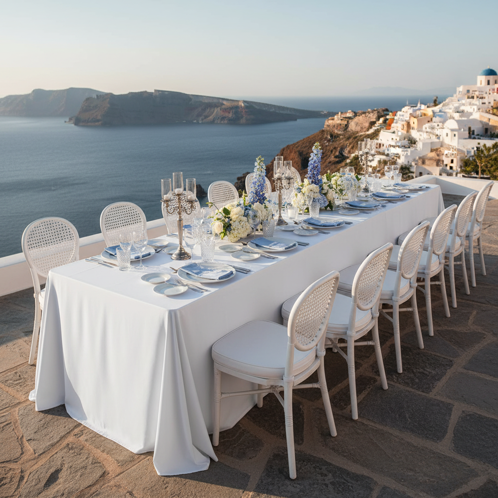 mediterranean table setting with Economy Polyester Tablecloth 90"x156" Oblong Rectangular - White