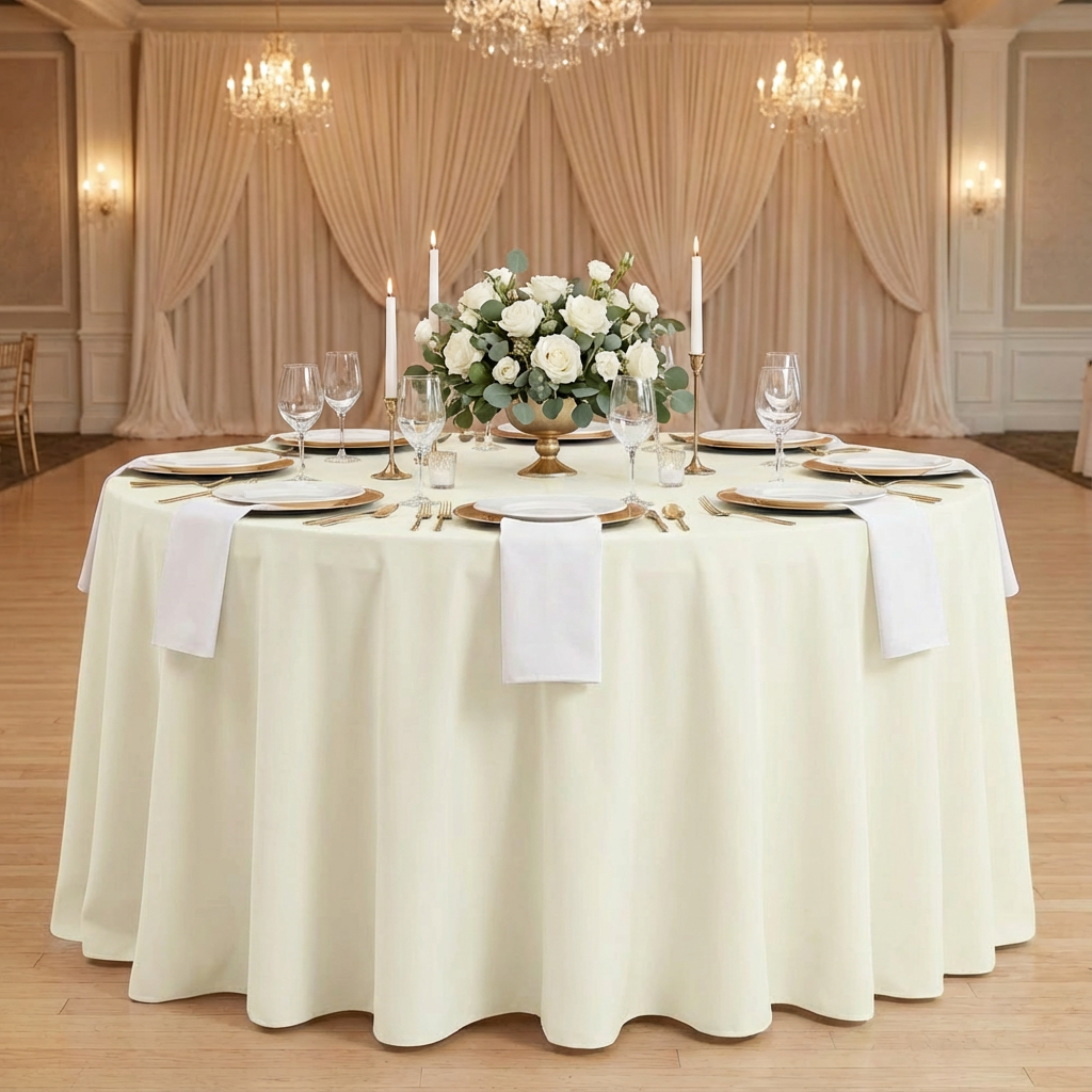 Economy Premium Polyester Tablecloth 132" Round - Light Ivory/Off White | charger plate | napkin | wine goblet | centerpiece |