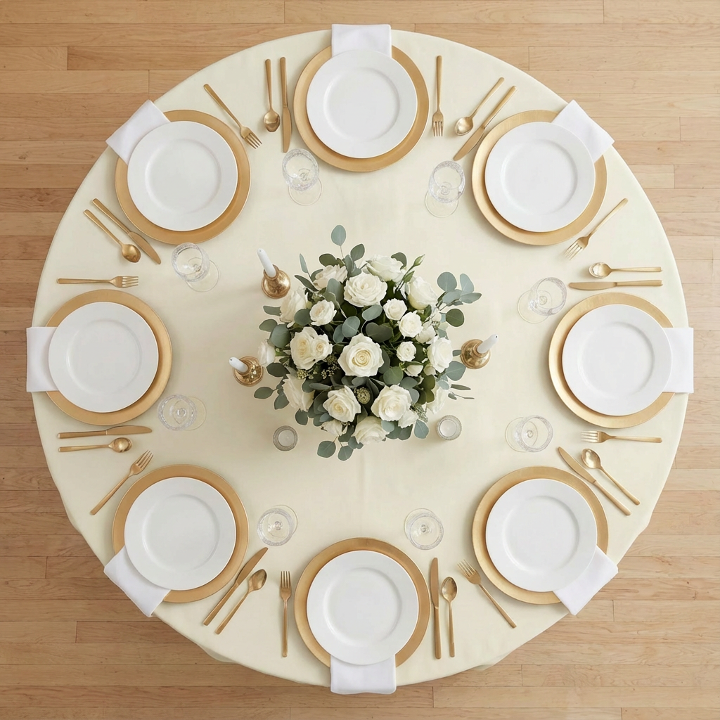 Economy Premium Polyester Tablecloth 132" Round - Light Ivory/Off White | charger plate | napkin | wine goblet | centerpiece |