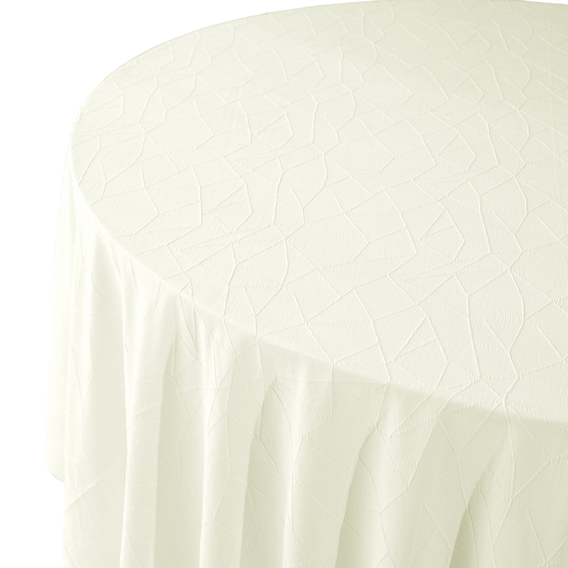 Embossed Geometric Jacquard 120" Round Tablecloth Ivory side view close up