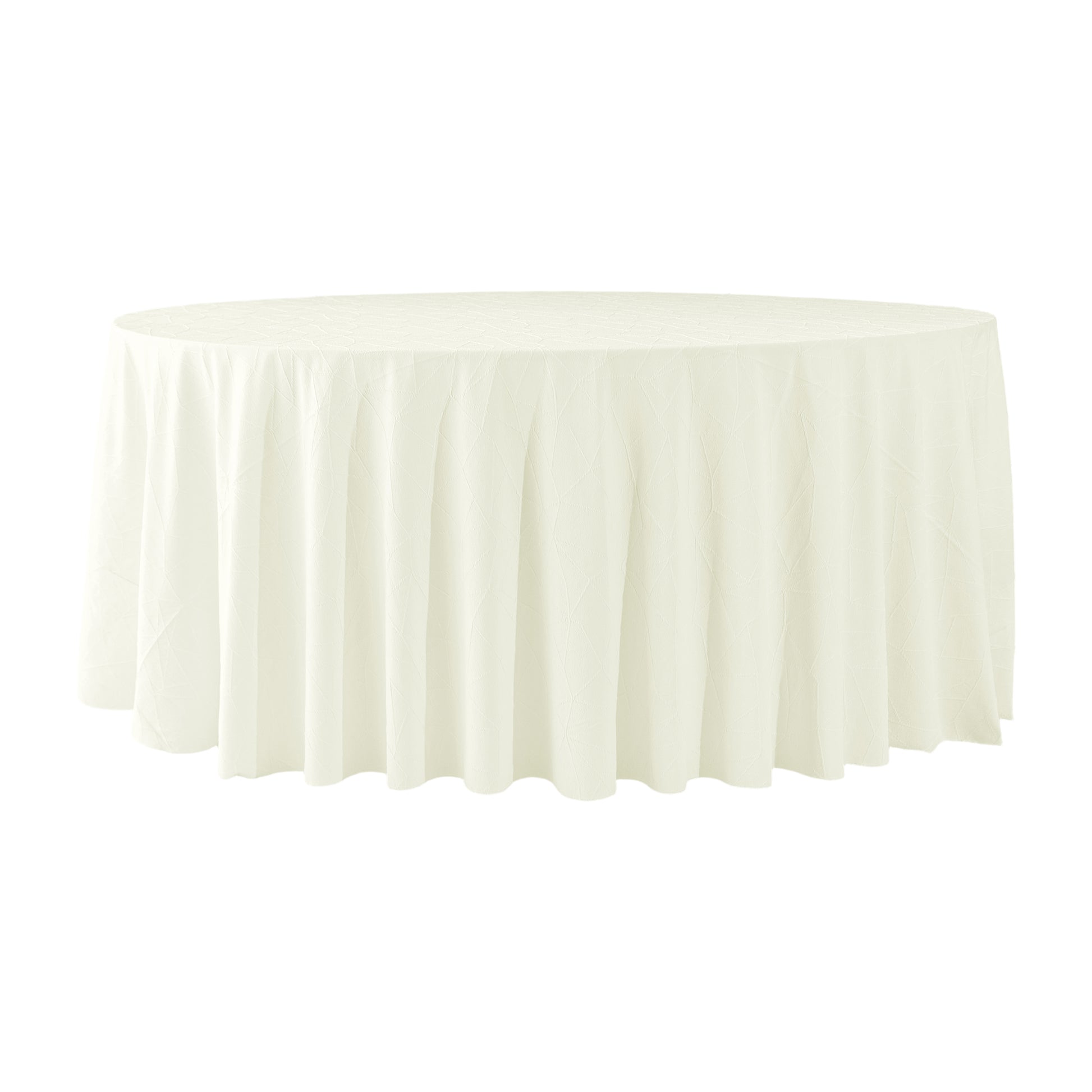  Embossed Geometric Jacquard 120" Round Tablecloth Ivory hemmed edge close up