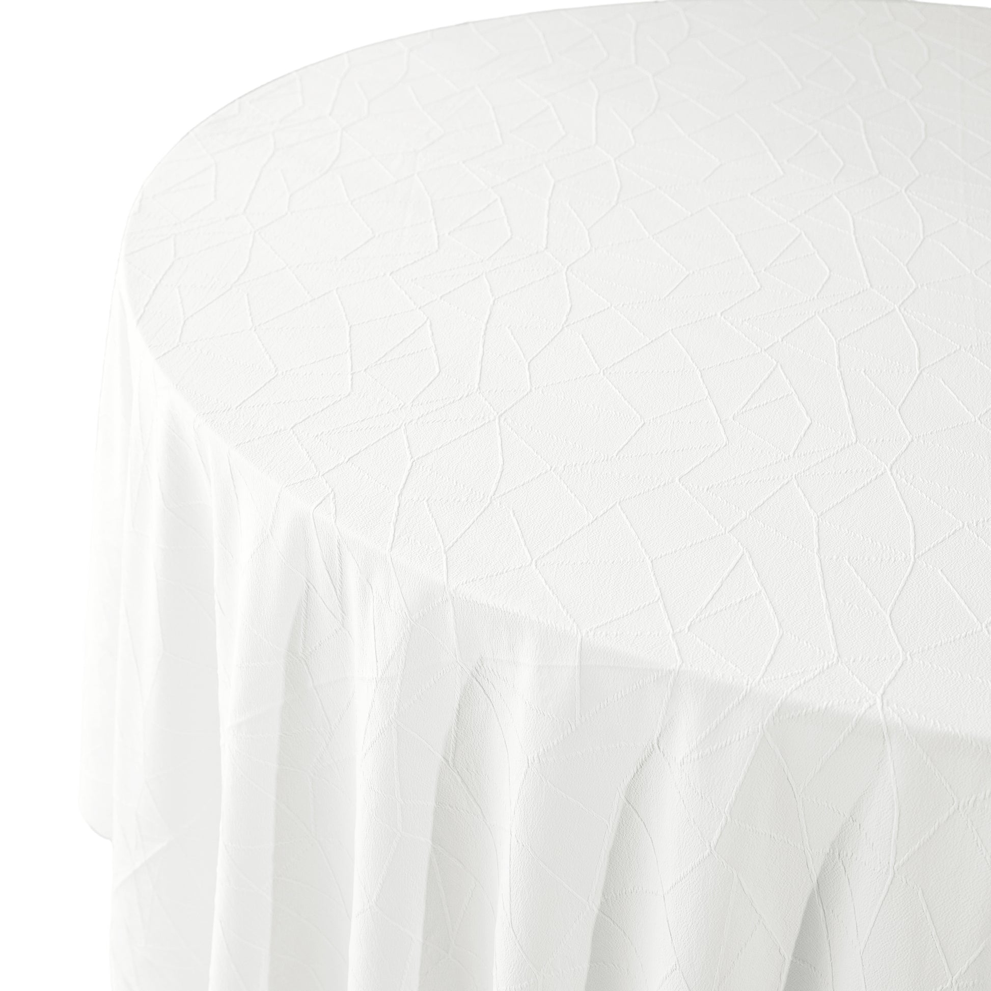 Embossed Geometric Jacquard 132" Round Tablecloth Light Ivory/Off White top view close up