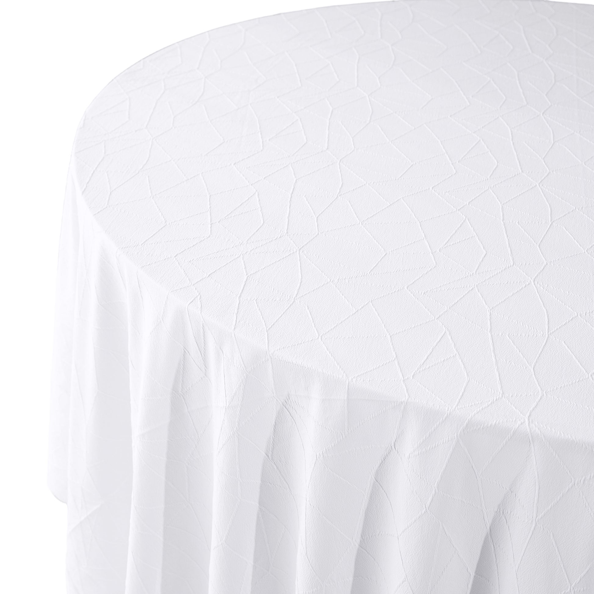 Embossed Geometric Jacquard 132" Round Tablecloth White side top view