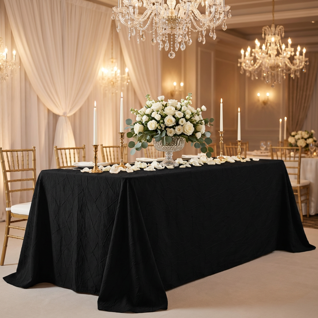 bridal party table setting with the Embossed Geometric Jacquard 90"x132" Rectangle Tablecloth Black, rose petals, tapered candels, dinner plates, and cream roses centerpeice