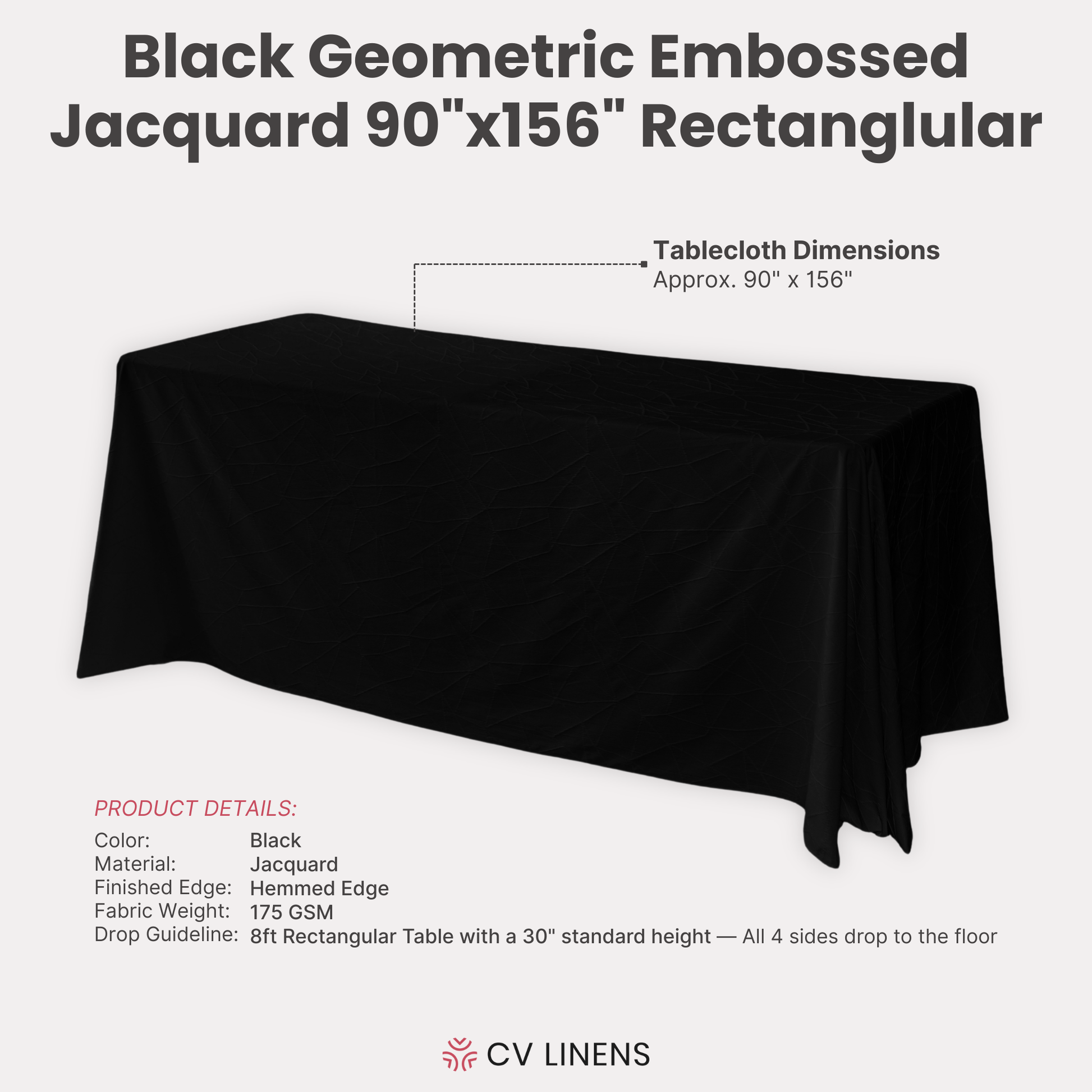 Embossed Geometric Jacquard 90"x156" Rectangle Tablecloth Black infographic show product dimensions