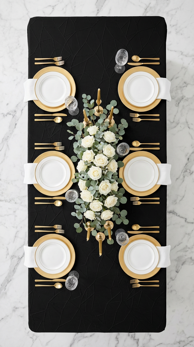 overview of the Embossed Geometric Jacquard 90"x156" Rectangle Tablecloth Black with gold charger plates, white dinner plates, gold silverware and floral centerpiece