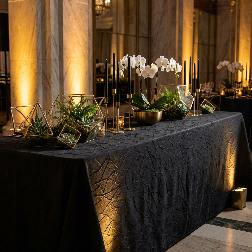 reception table setting with the Embossed Geometric Jacquard 90"x156" Rectangle Tablecloth Black, orchids, and black tapered candles