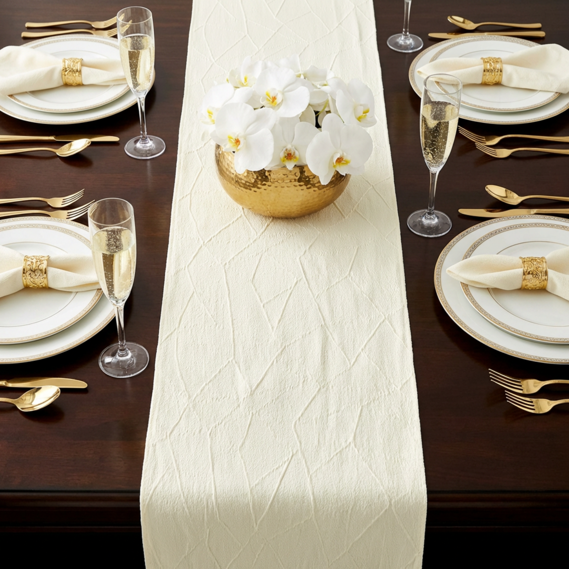 dinner setting with the Embossed Geometric Jacquard Table Runner Ivory, white/gold dinner plates, floral centerpiece and champagne glasses
