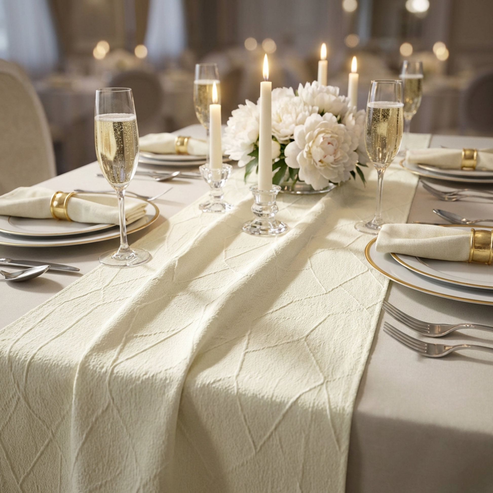 wedding reception table paired with Embossed Geometric Jacquard Table Runner Ivory, white/gold dinner plates, white tapered candles and champagne glasses
