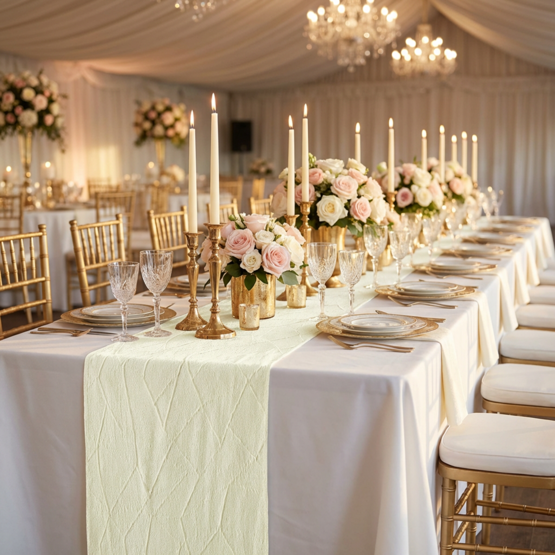Embossed Geometric Jacquard Table Runner Ivory lifestyle paired with tapered candles, roses centerpieces, wine goblets and white dinner plates