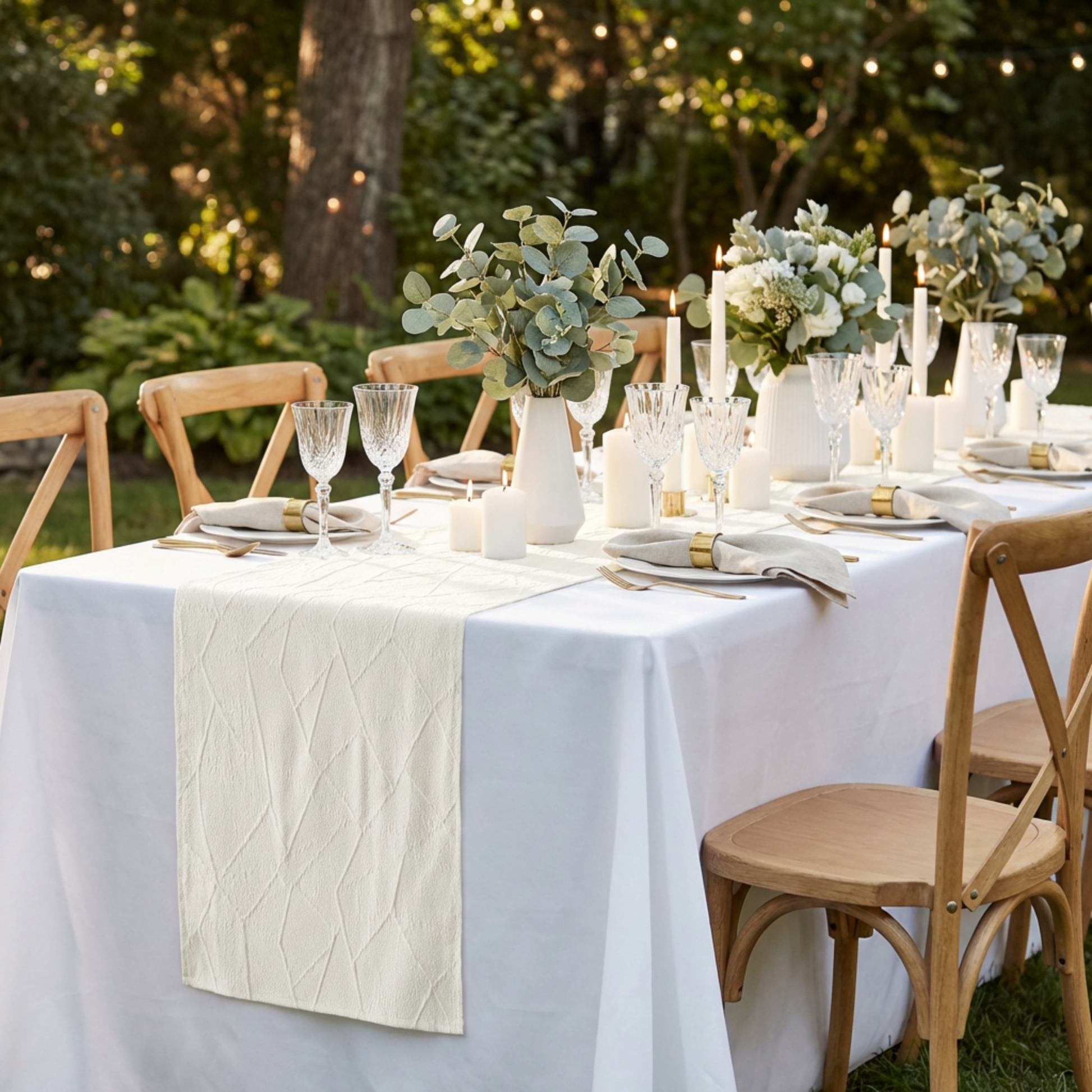 Embossed Geometric Jacquard Table Runner Light Ivory/Off White outdoor brunch with wine goblets, white pillar candles, eucalyptus centerpieces, and a white rectangular tablecloth