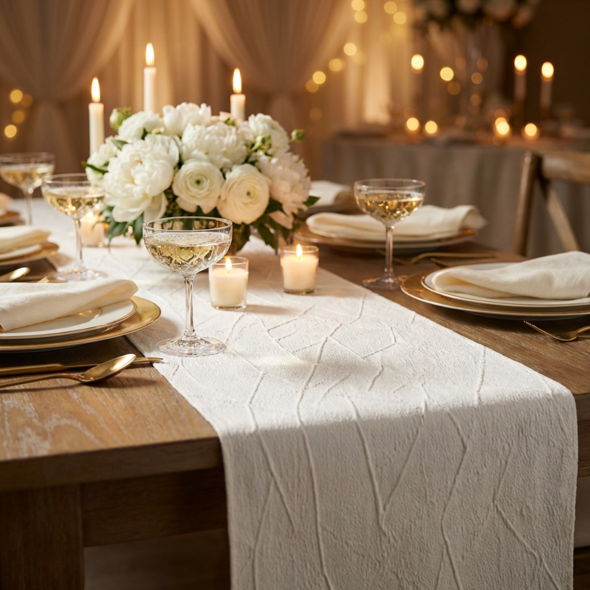 minimalist table setting with the Embossed Geometric Jacquard Table Runner Light Ivory/Off White on top a brown table, gold charger plates, white floral centerpiece and tapered candles