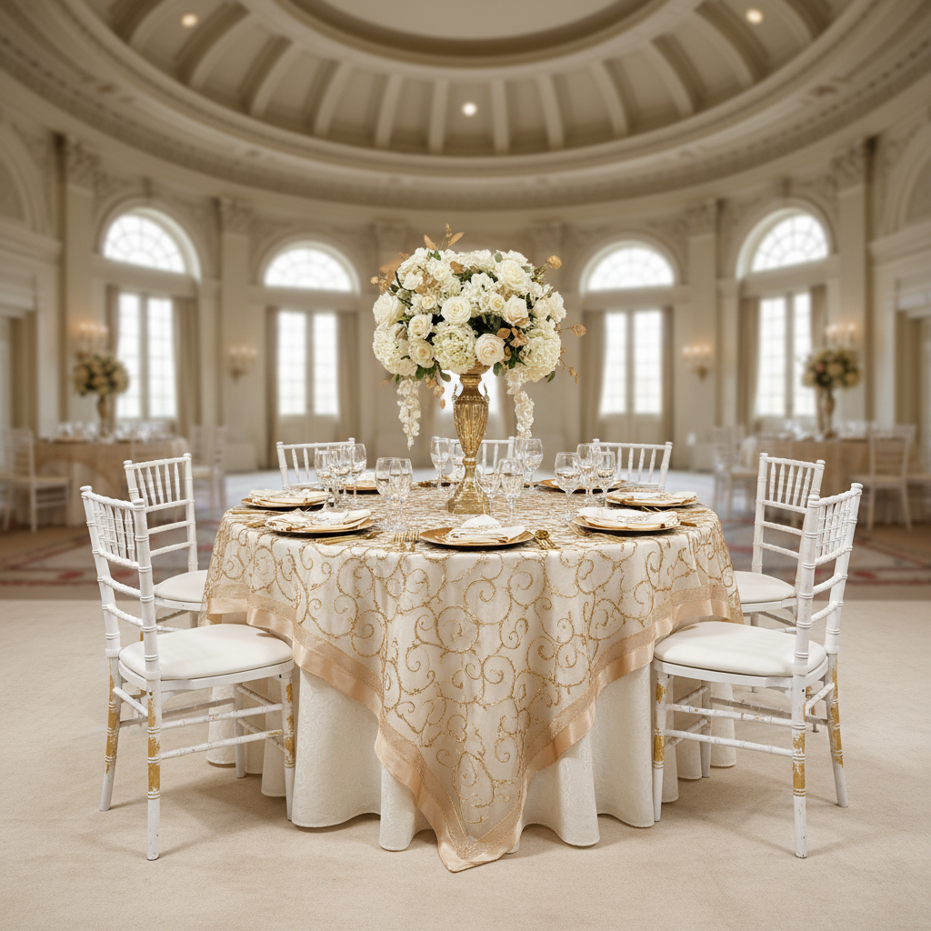 Embroidery Swirl Overlay 90"x90" Square Table Topper - Champagne with gold charger plate | white napkin | wine glass | white chiavari chairs