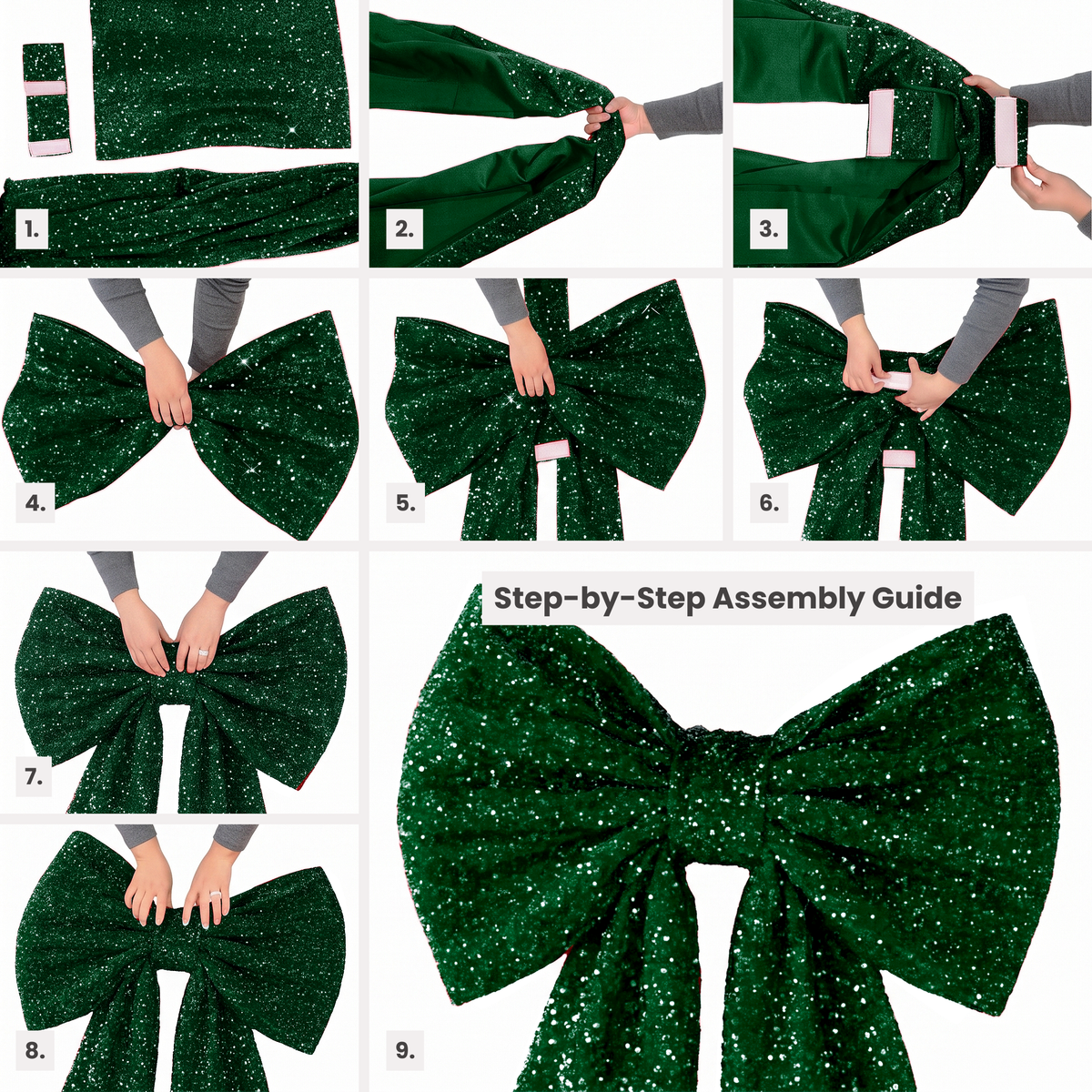 Sequin Velvet Giant Fabric Bow for Backdrop Emerald Green assembly steps