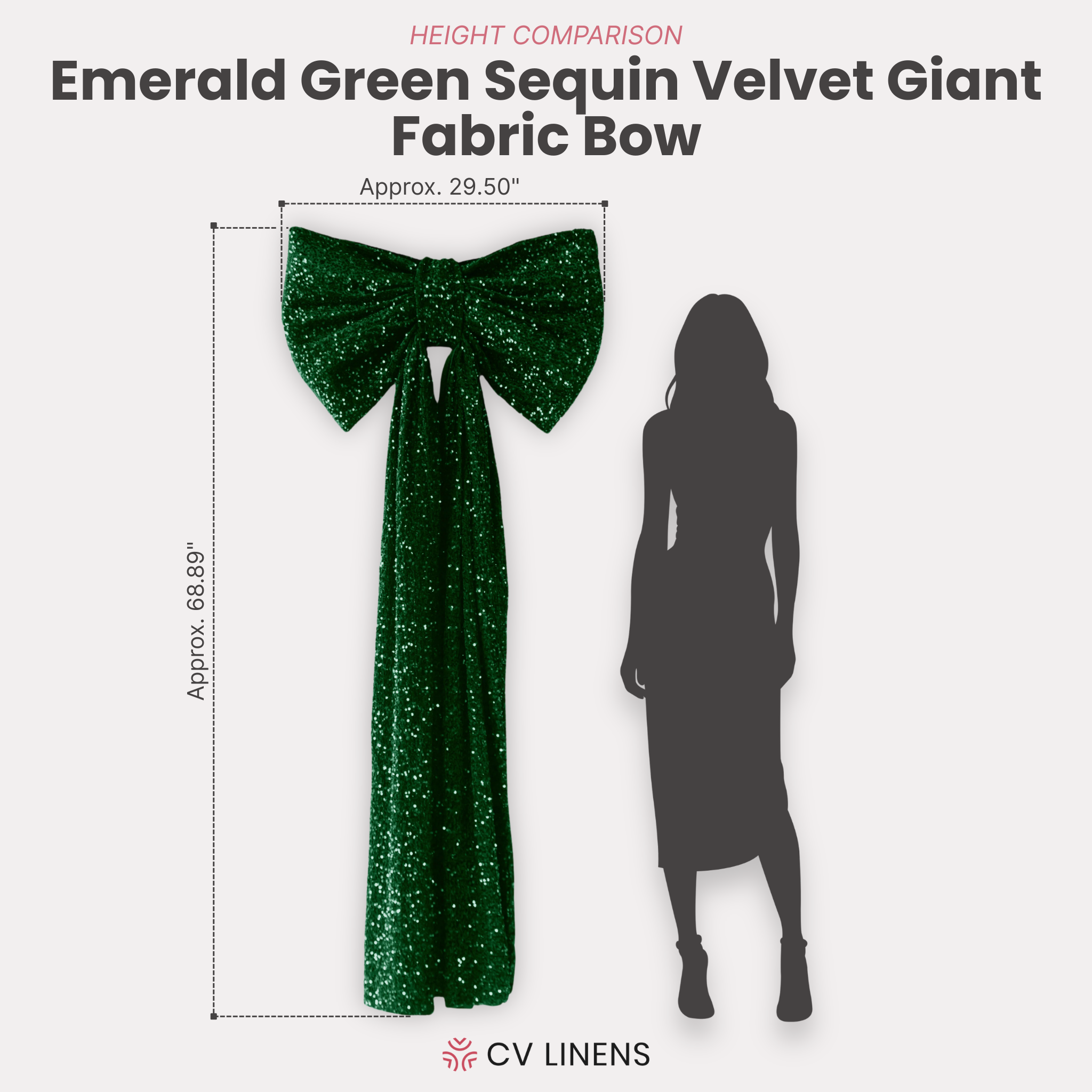 Sequin Velvet Giant Fabric Bow for Backdrop Emerald Green infographic showing height comparison