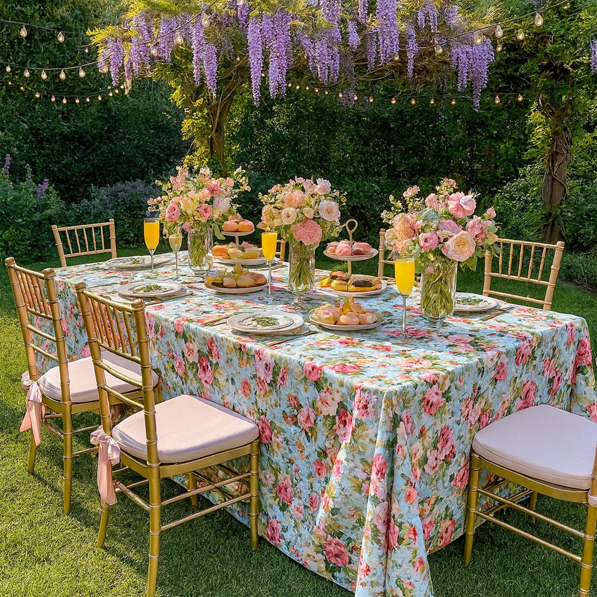English Garden Print Rectangular Tablecloth 108"x156" outdoor brunch table set up with charger plates, wine glasses and floral centerpieces
