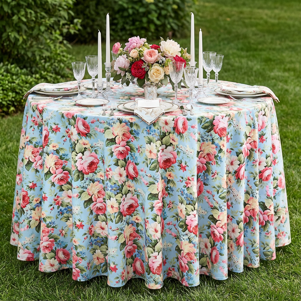 outdoor setup with English Garden Floral 120" Round Tablecloth