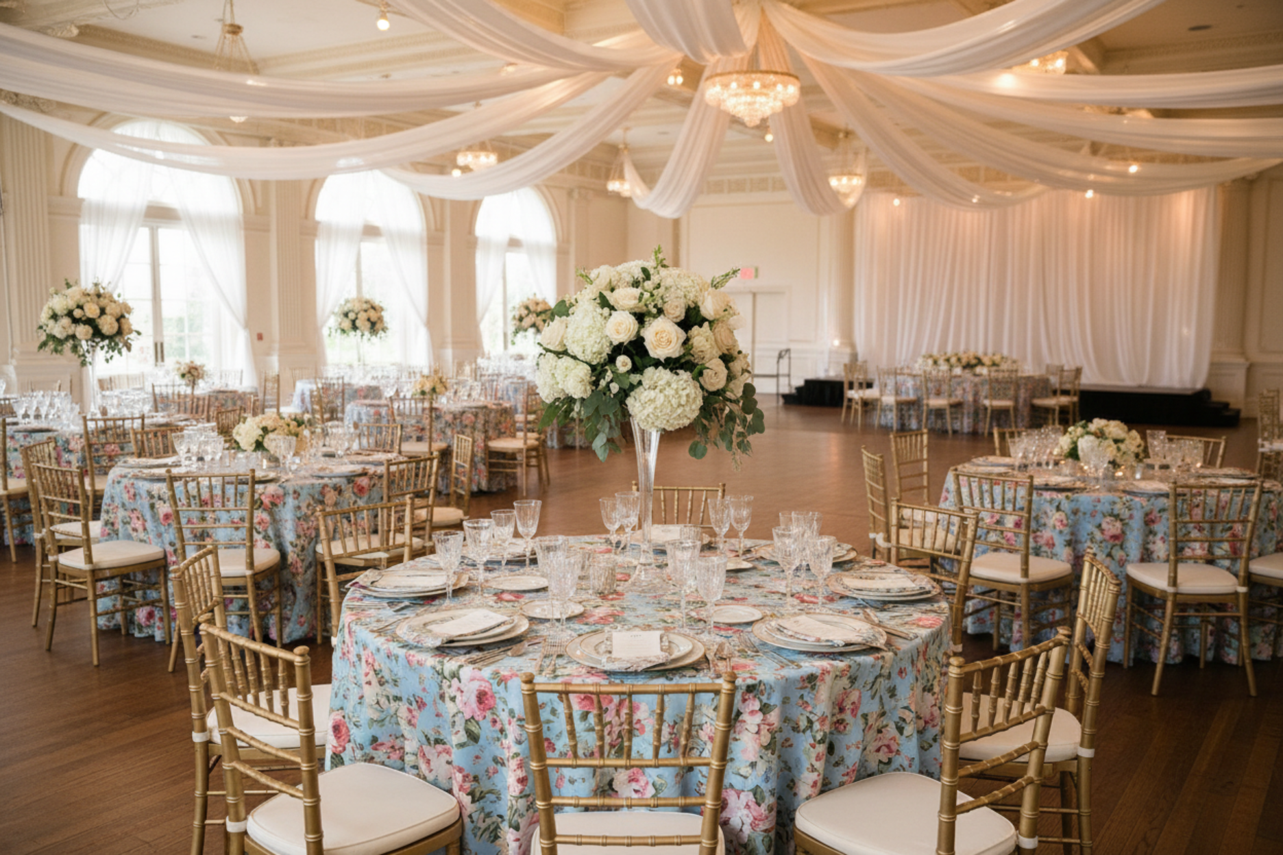 indoor luxury wedding reception with English Garden Floral 120" Round Tablecloth