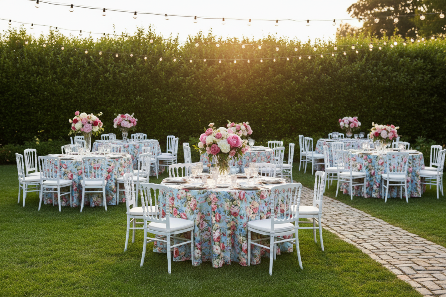 outdoor wedding reception with English Garden Floral 120" Round Tablecloth