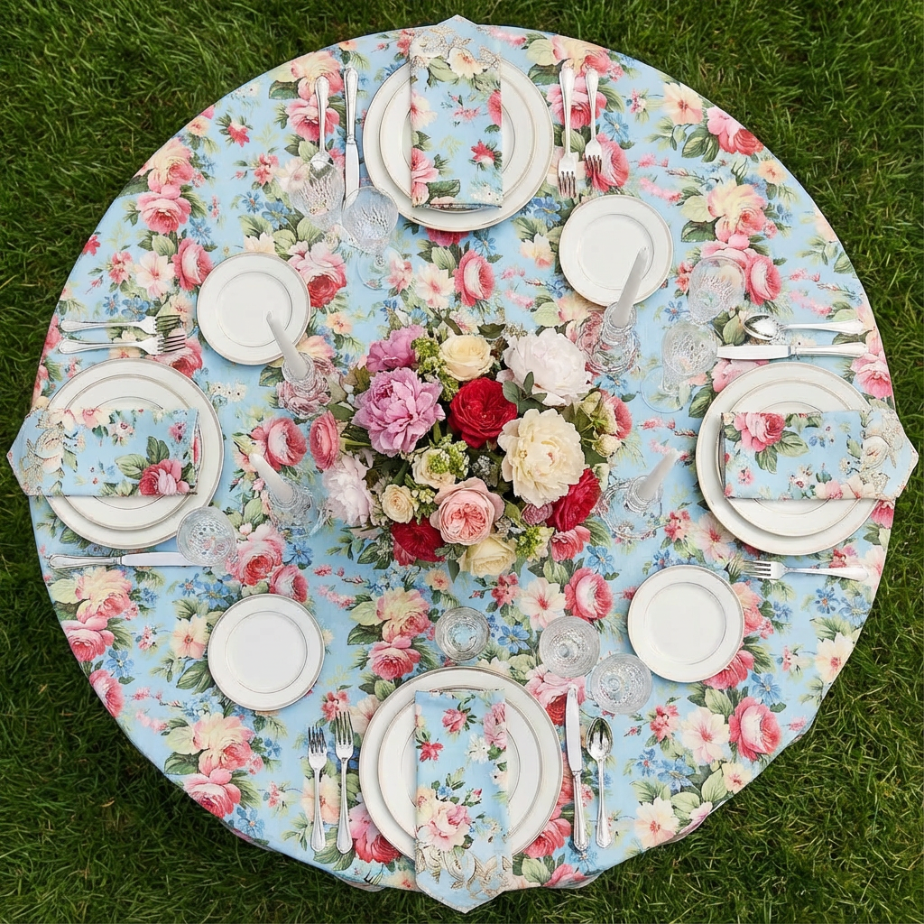 top view of English Garden Floral 120" Round Tablecloth