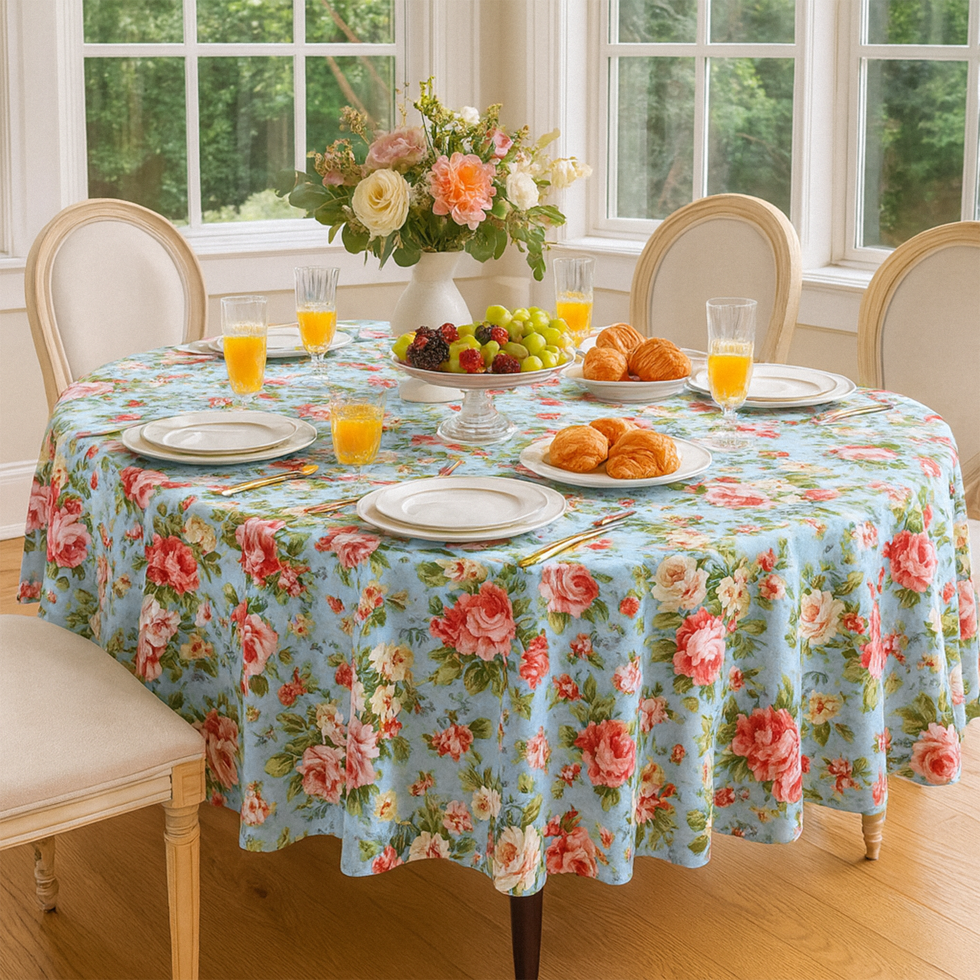 English Garden Floral 132" Round Tablecloth brunch setting with charger plates and vase with florals