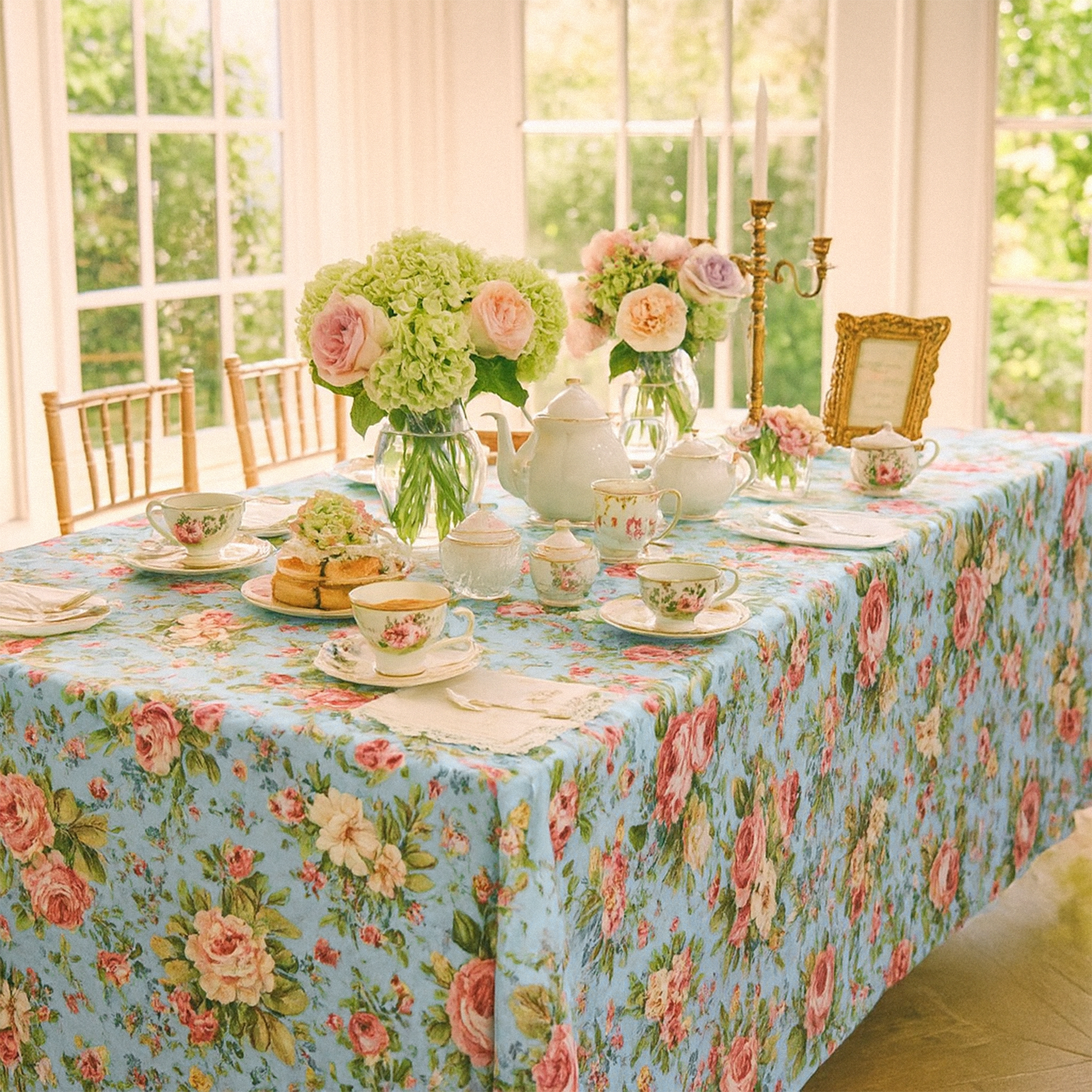 English Garden Floral Rectangular 90"x156" Tablecloth tea time with floral vase and centerpiece
