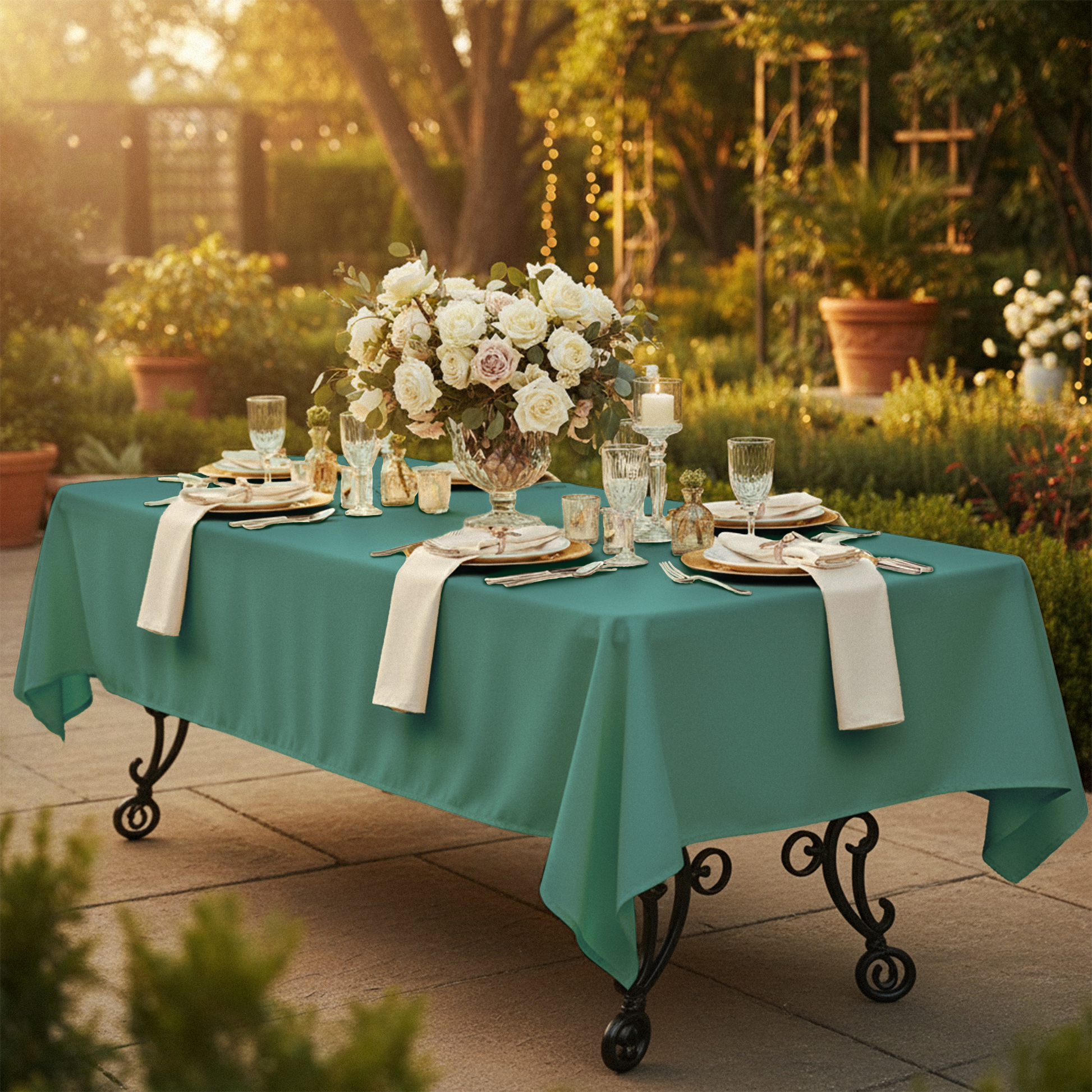 60"x120" Rectangular Premium Polyester Tablecloth Eucalyptus with floral centerpiece, ivory napkins, clear goblets and gold charger plates