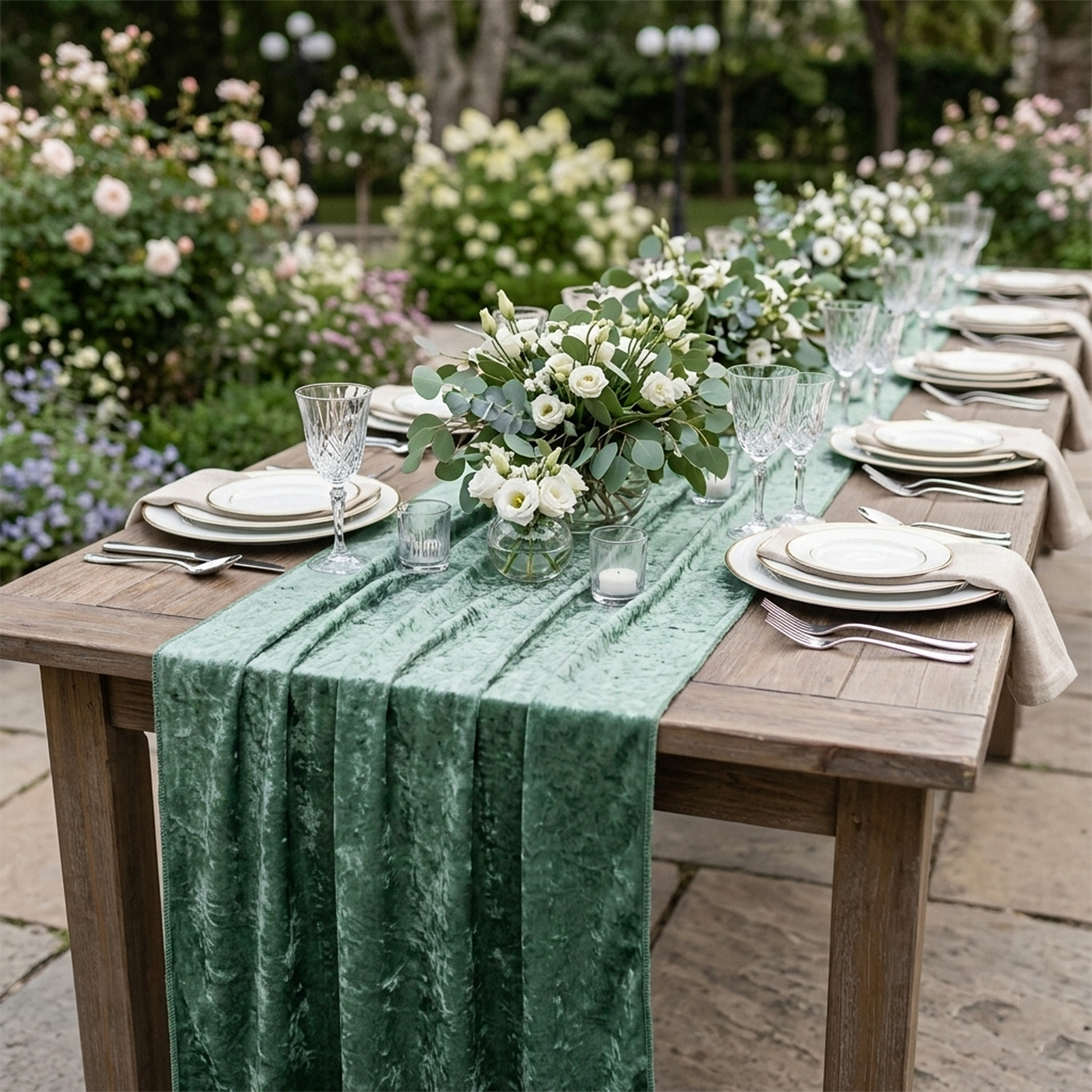 Velvet Table Runner Eucalyptus outdoor on a table with white dinner plates and white floral centerpieces
