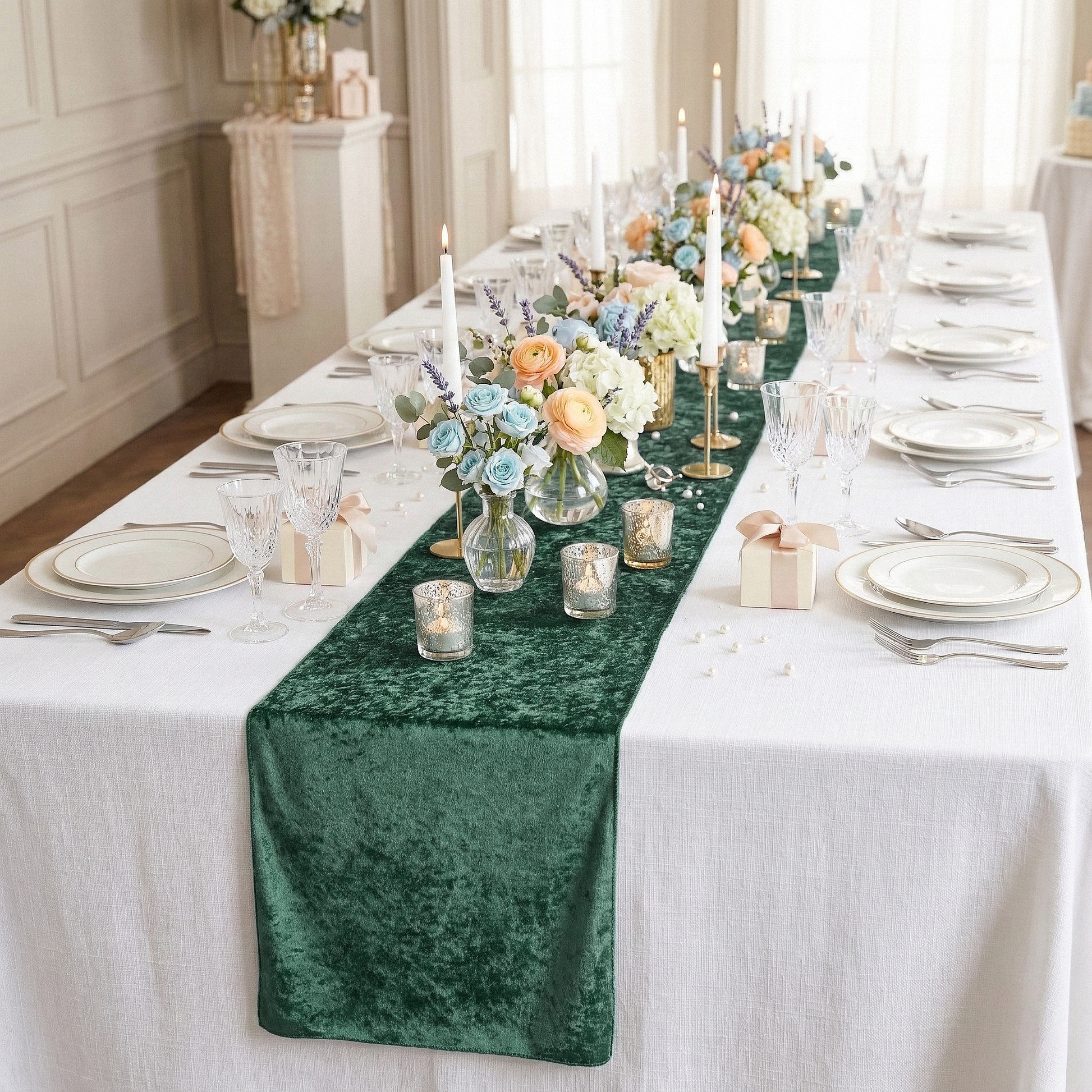 Velvet Table Runner Eucalyptus on top a white rectangular tablecloth
