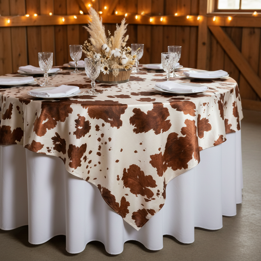 Faux Cowhide 72"x72" Table Overlay Topper - Brown Angled View