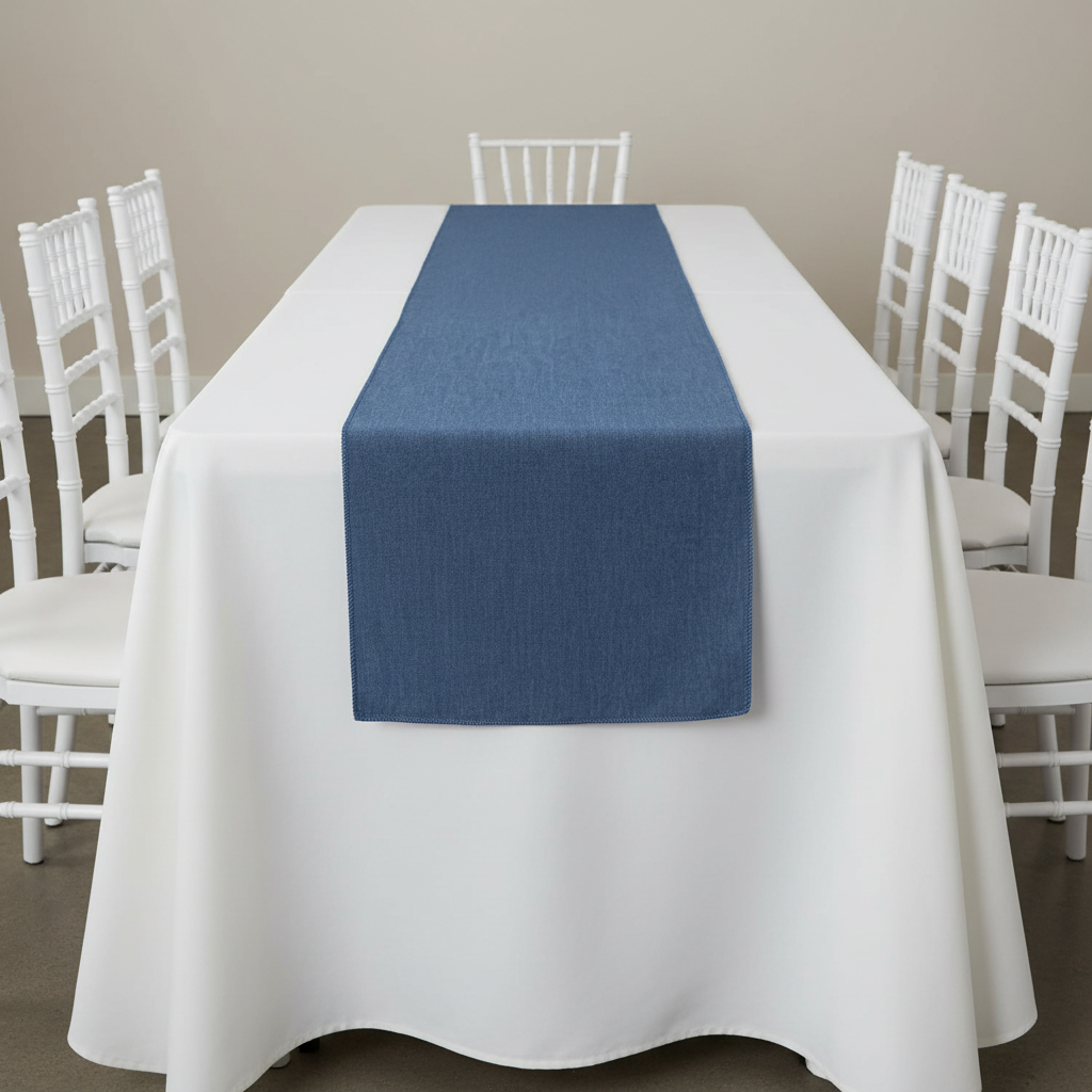 Faux Denim Table Runner - Dark Blue on top of ivory tablecloth