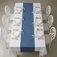 Faux Denim Table Runner - Dark Blue on top of white tablecloth | white dinner plate 