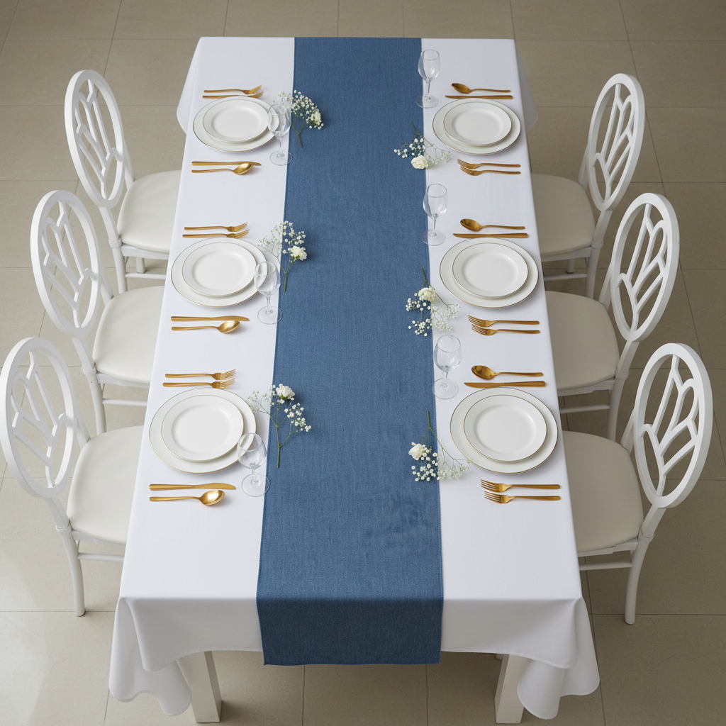 Faux Denim Table Runner - Dark Blue on top of white tablecloth | white dinner plate 