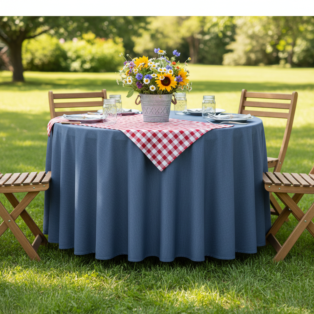 Faux Denim Tablecloth 108" Round - Dark Blue | charger plate | napkin | 