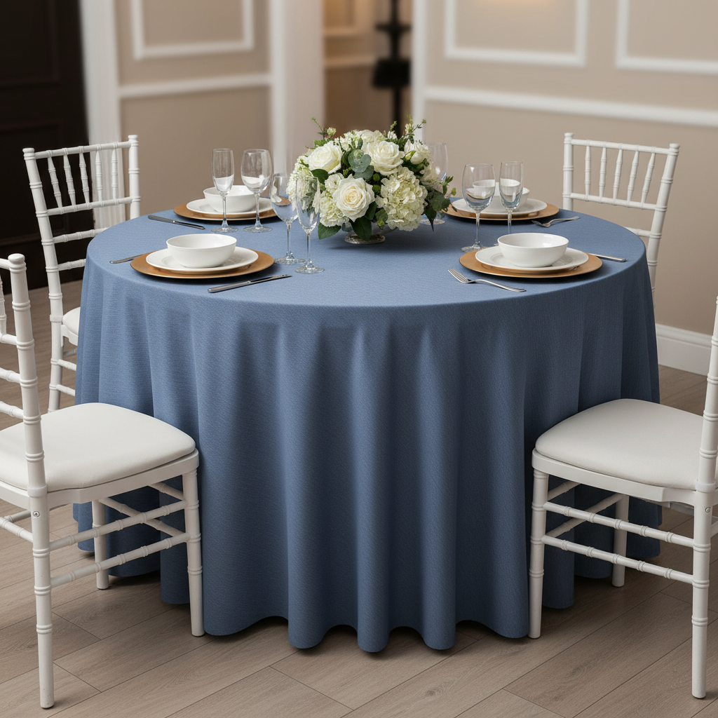 Faux Denim Tablecloth 108" Round - Dark Blue | charger plate | napkin | wine goblets | 