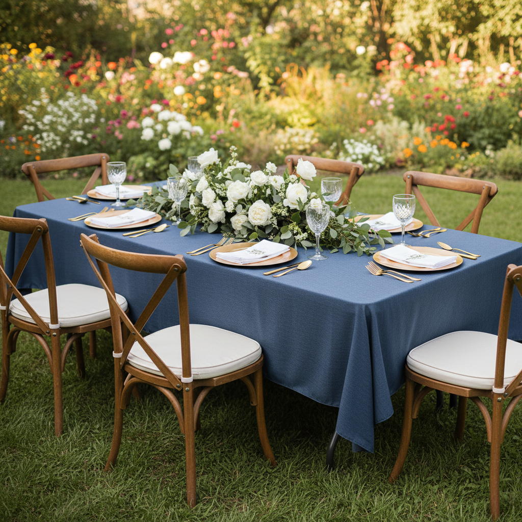 Faux Denim Tablecloth 60"x120" Rectangular - Dark Blue | charger plate | napin | wine goblets | flower premade runner |