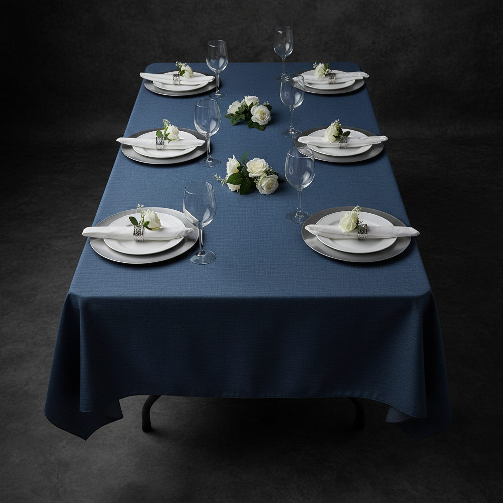 Faux Denim Tablecloth 60"x120" Rectangular - Dark Blue | charger plate | napin | wine goblets |