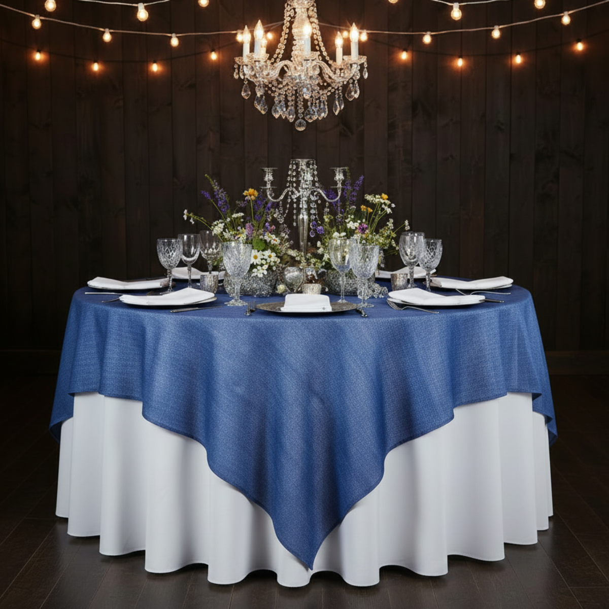 Faux Linen Denim 72"x72" Table Overlay/Tablecloth - Blue- Front View