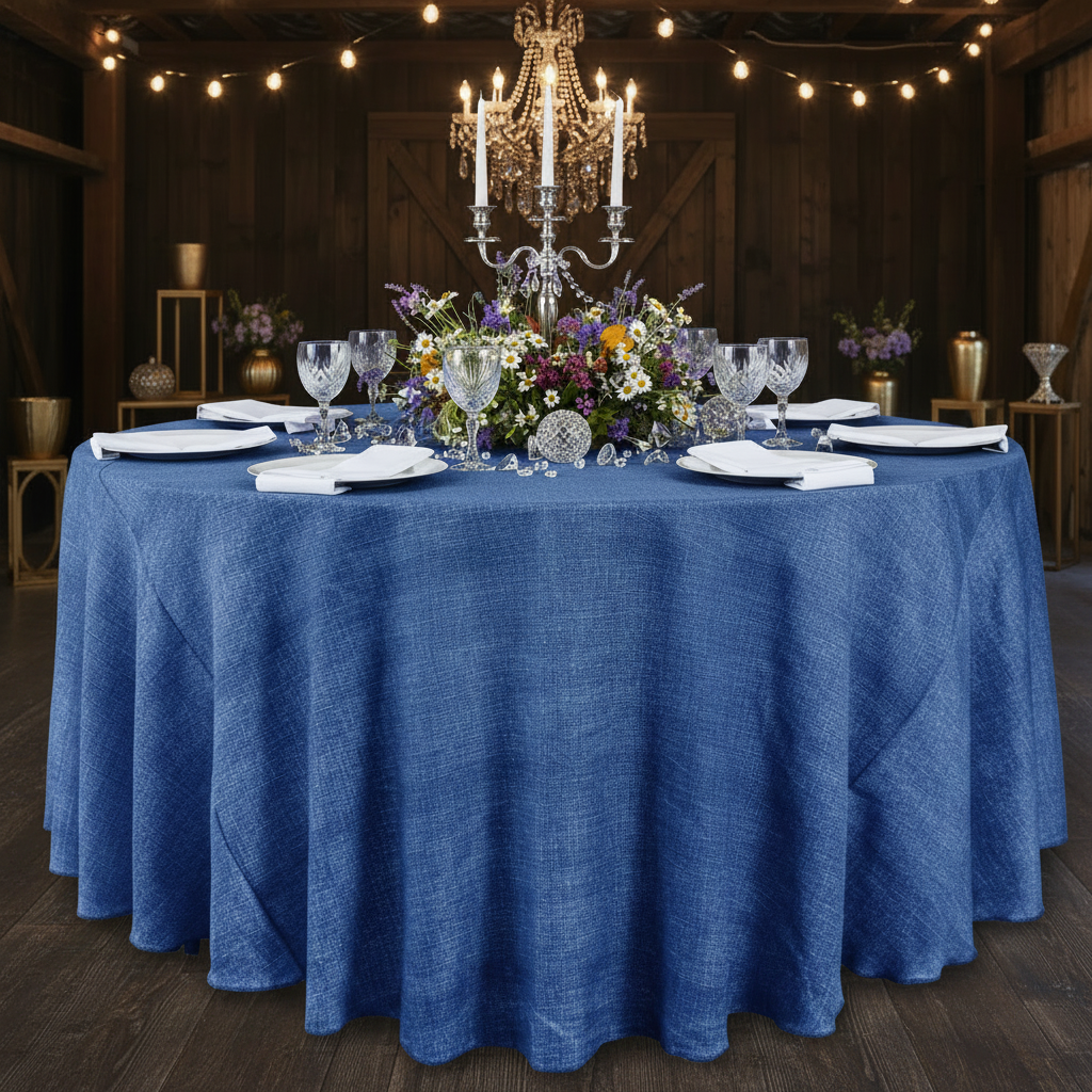 Faux Linen Denim Round Tablecloth - Blue- Front View