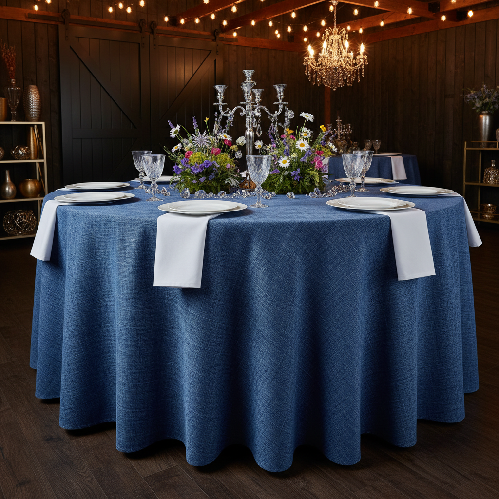 Faux Linen Denim Round Tablecloth - Blue - Lifestyle
