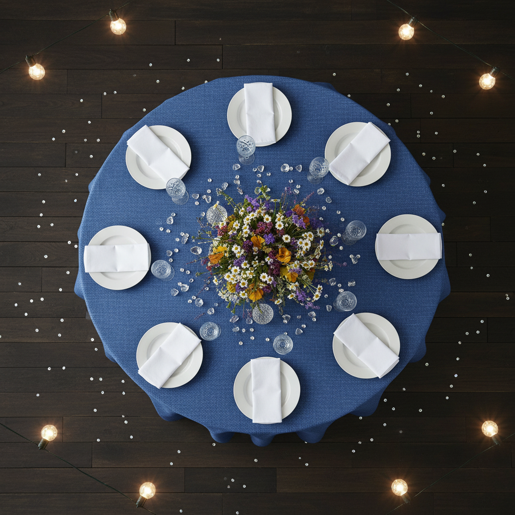 Faux Linen Denim Round Tablecloth - Blue Top-Down View