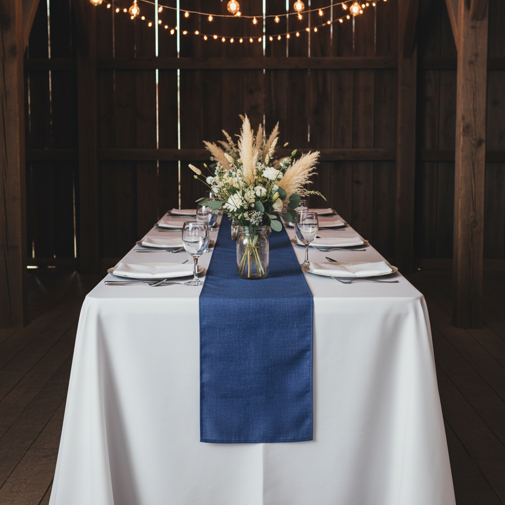 Faux Linen Denim Blue Table Runner - Lifestyle Front View 