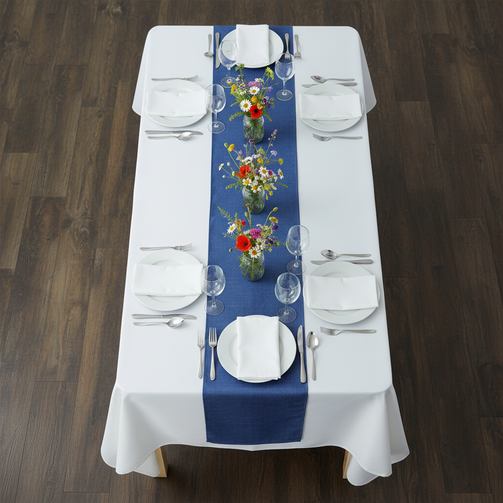 Faux Linen Denim Blue Table Runner - Lifestyle Top-Down View