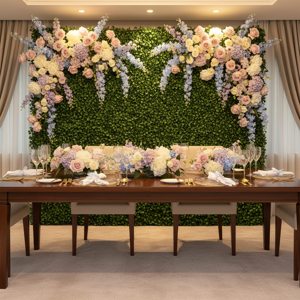 Faux Silk Boxwood Greenery Wall Panel Mat Backdrop 60cm x 40cm for indoor bridal celebration with silk rose heads