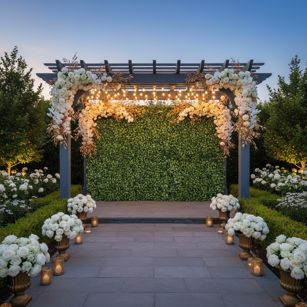 Faux Silk Boxwood Greenery Wall Panel Mat Backdrop 60cm x 40cm with variety of flower heads for wedding entrance reception