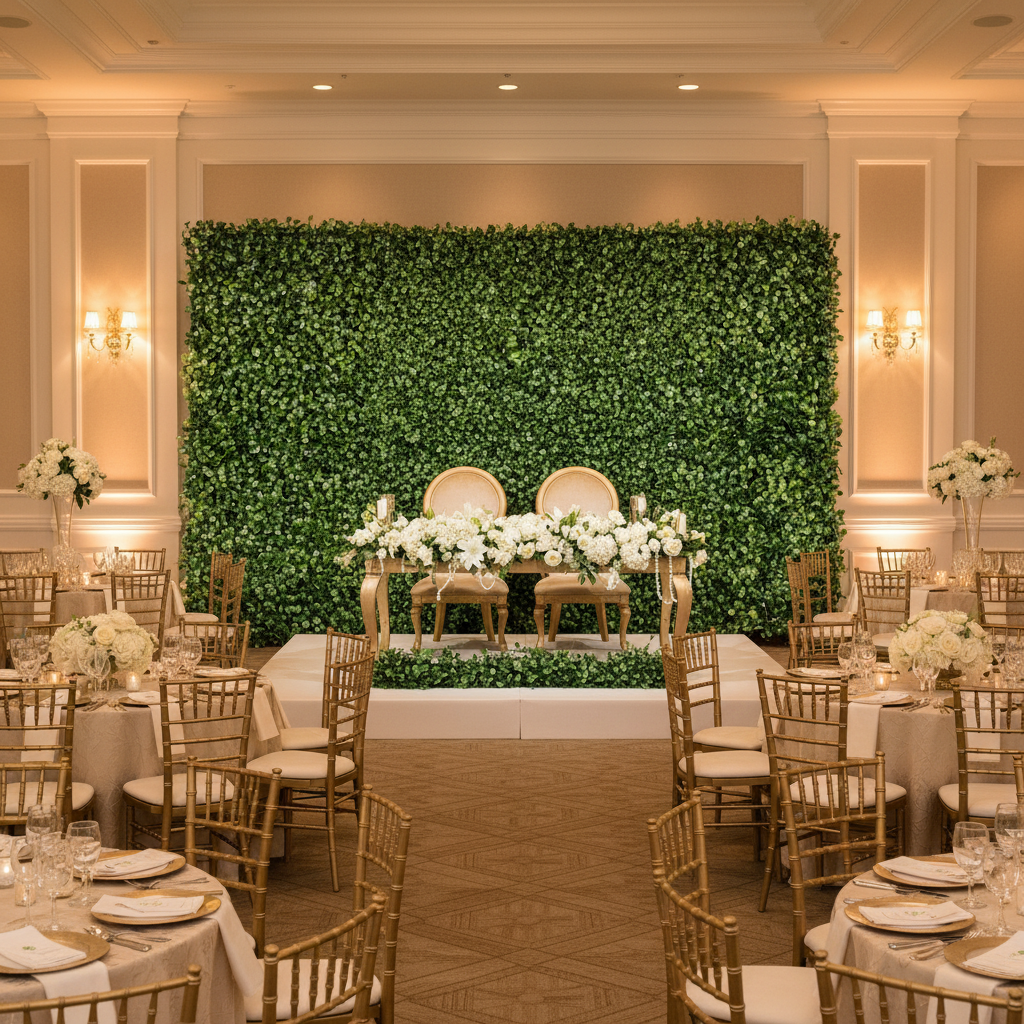 Faux Silk Boxwood Greenery Wall Panel Mat Backdrop 60cm x 40cm at the back of sweetheart table wedding reception